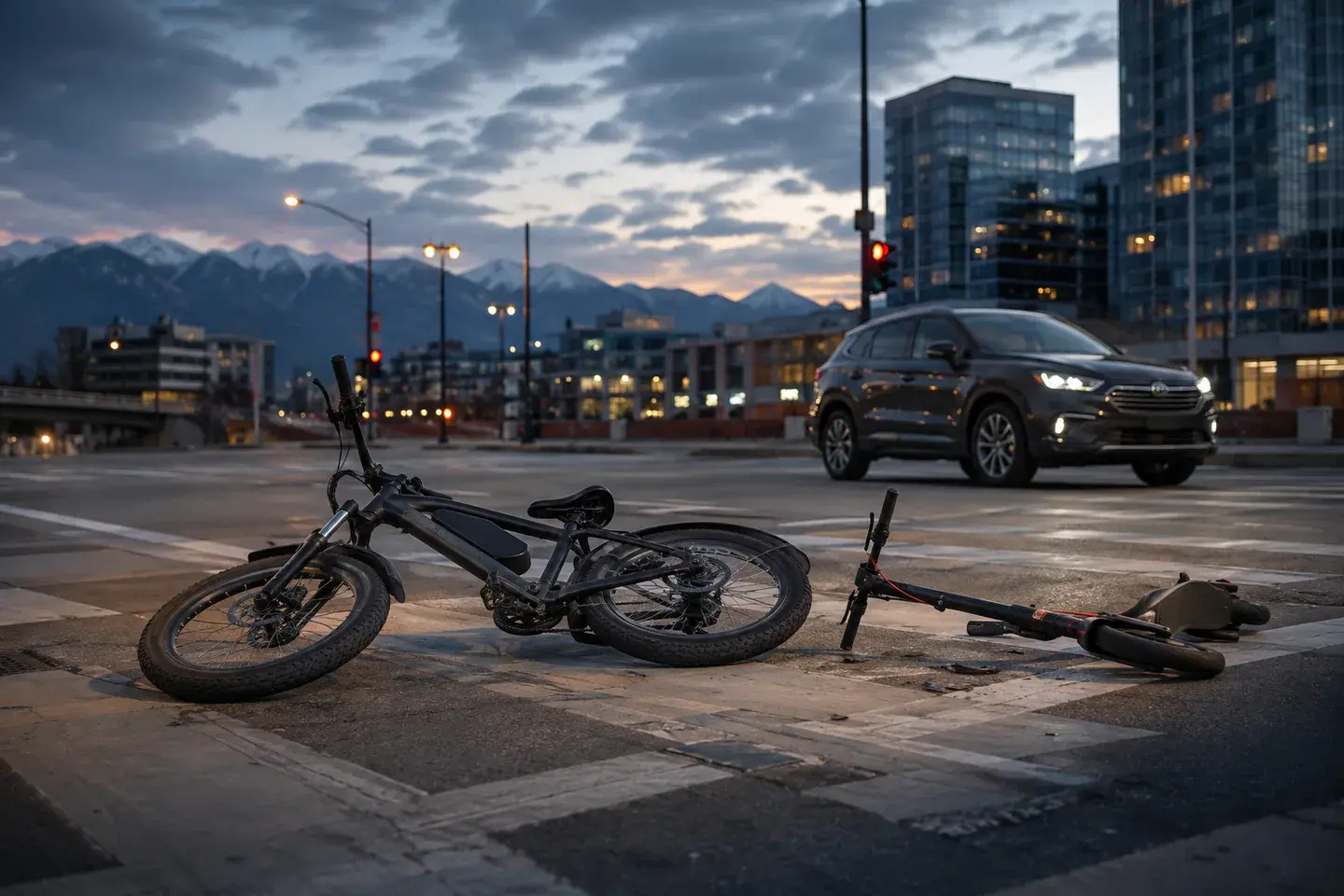 Damaged electric bicycle and electric scooter at a Salt Lake City intersection