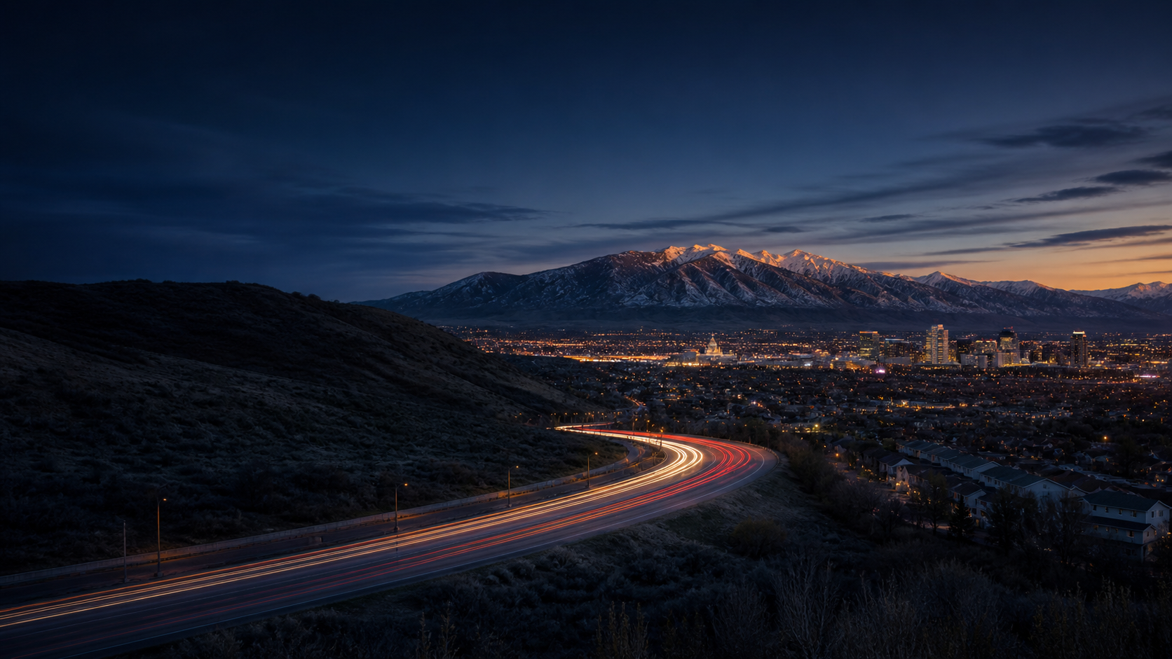 Salt Lake Valley, downtown, and the Wasatch Mountains at blue hour